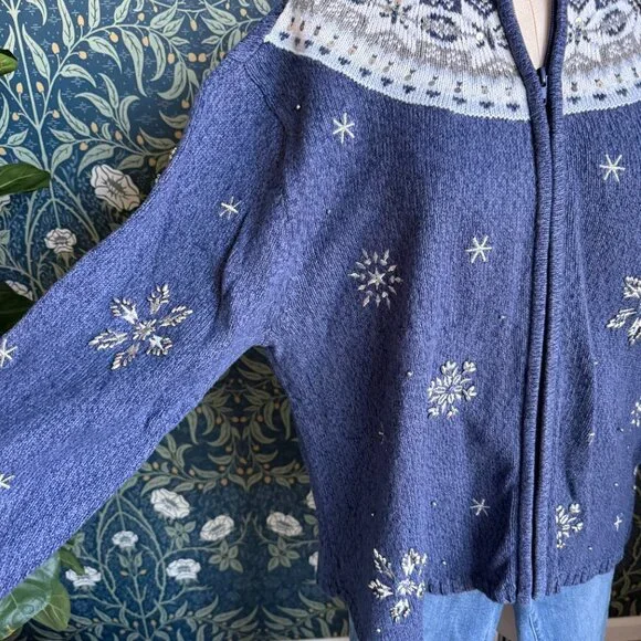 Vintage 90s Zip Up Fair Isle Nordic Snowflake Cotton & Ramie Cardigan - Picture 3 of 10